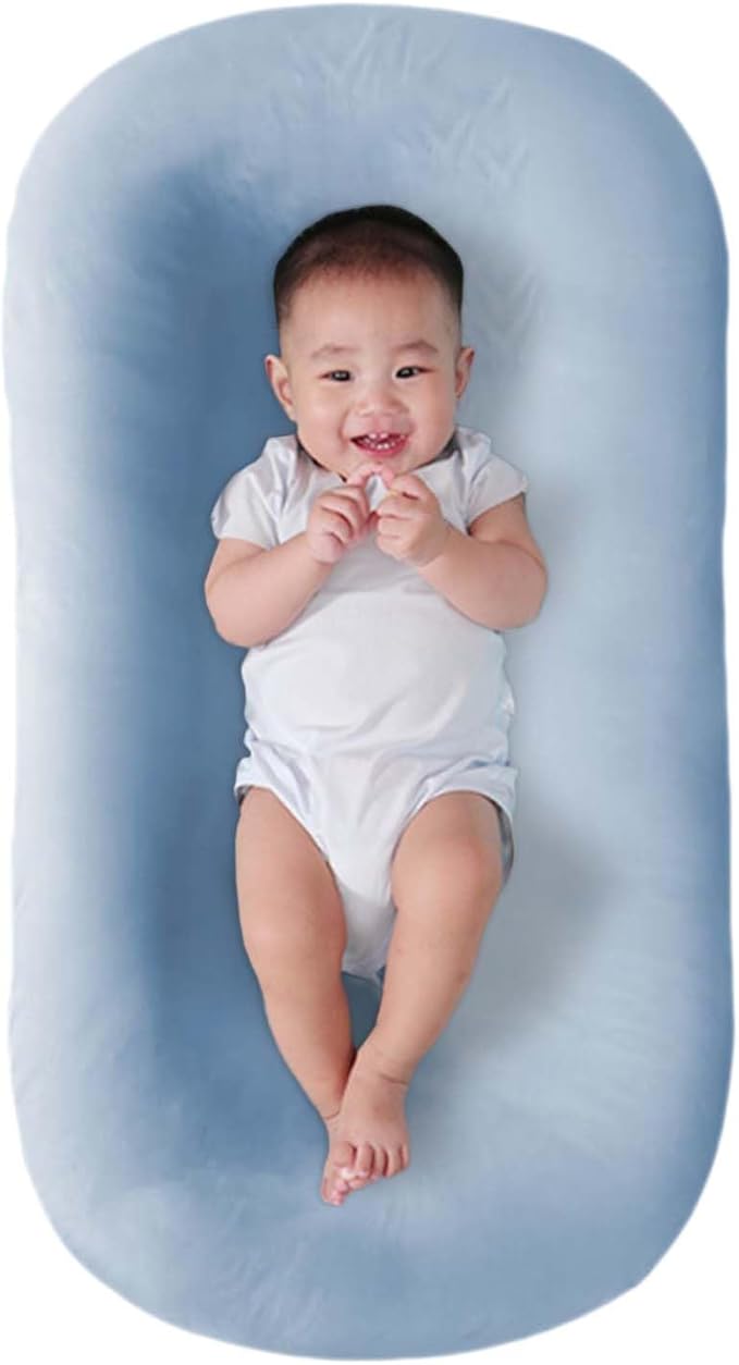 Baby Lounger for Newborn, Soft Organic Cotton Breathable Infant Lounger for for Home and Travel (Blue)