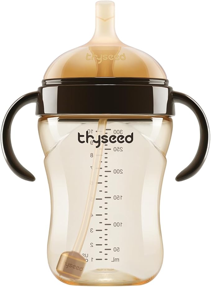 thyseed PPSU Weighted Straw Cup with Handles Toddlers Transition Bottles to Sippy Cups No Spill Learner Milk Water Baby Bottle Soft Silicone Spout Dishwasher Safe BPA Free 6+ Months 10oz/300mL 1 Pack
