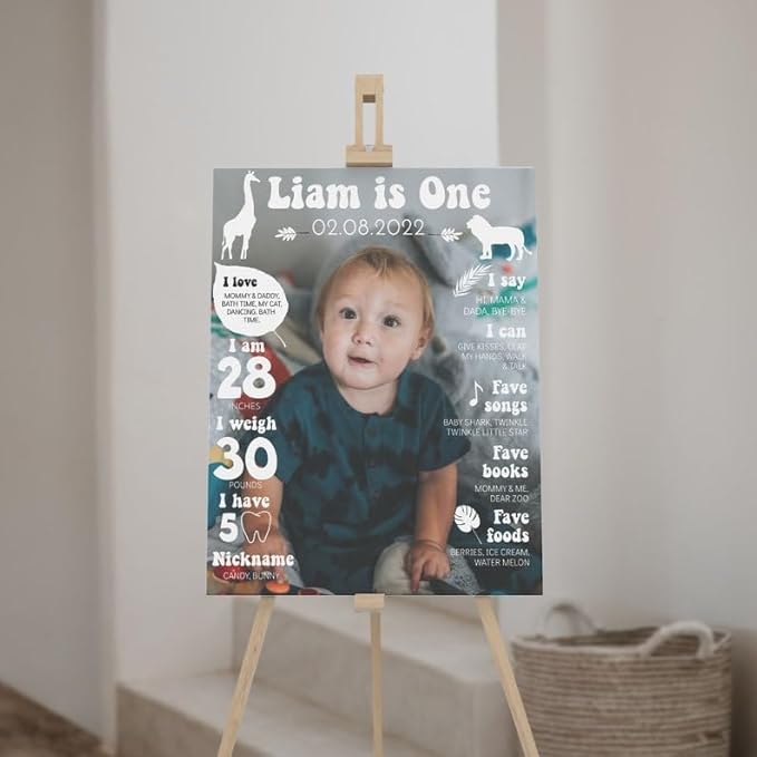 Generic Personalized First Birthday Milestone Sign, My First Year Photo Poster, Wild One First Year Baby Milestone Board, Design 014