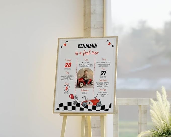 Personalized Fast One Birthday Milestone Photo Poster, Race Car 1St Birthday Milestone Sign, Racing Car Birthday Sign, Design 010