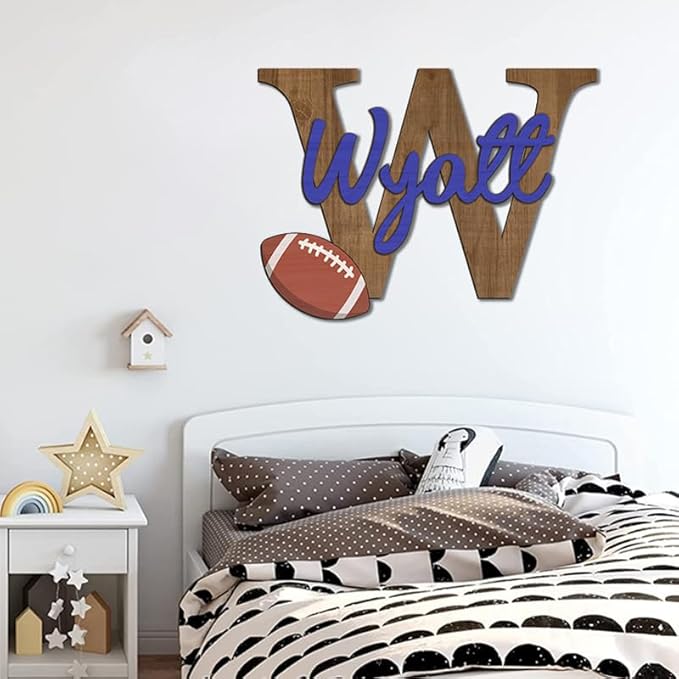 Personalized Football Name Sign, Wooden Monogram Name Sign, 2 Layers of Wood, Football Nursery Decor, Baby Name Sign Wood Sign, Football Gift, Nursery Name Sign for Baby Boy gift/21