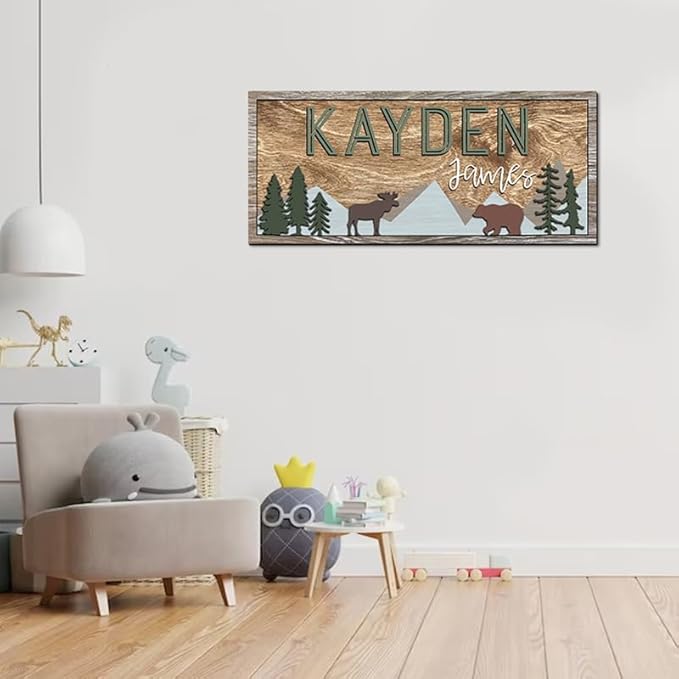 Personalized Wooden baby name sign for nursery, Woodland theme nursery, Animal for kids room decor, Custom name sign for boys, Door hanging gift/2