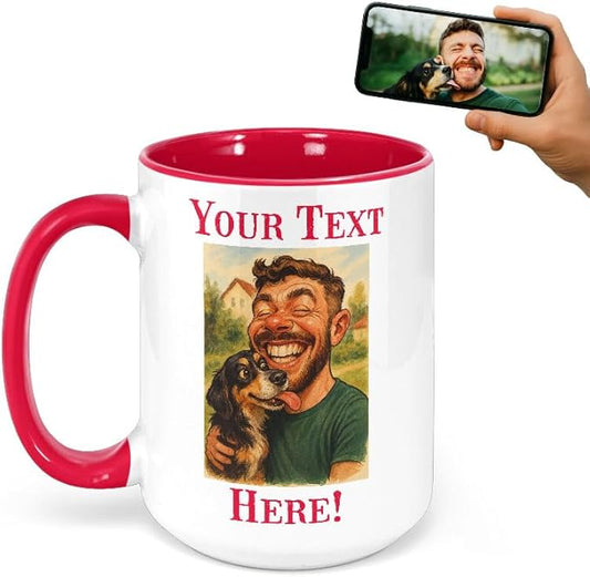 Personalized Coffee Mug, Custom Photo Caricature Gift, Funny Customized Coffee Gift for Men & Women, Custom Mugs with Pictures, Red 15oz Customized Ceramic Tea Cup