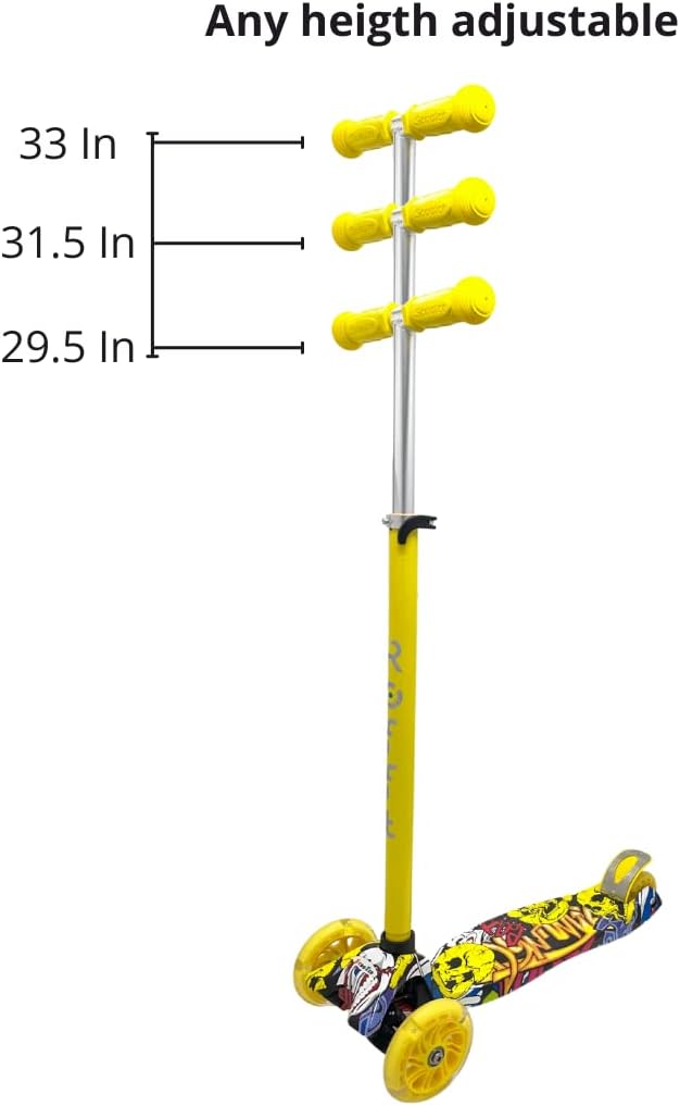 Maxi Scooter for Kids Ages 6-12 Lean-to-Steer 3 Wheel Scooter for Kids Ages 6-12 PU Light-Up Wheels Kids Scooter Adjustable Height Light Weight Aluminum Scooters T-Bar Colorful Design Printed