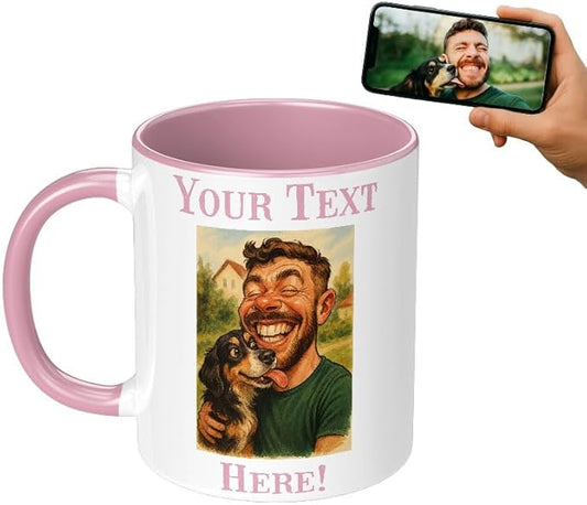 Personalized Coffee Mug, Custom Photo Caricature Gift, Funny Customized Coffee Gift for Men & Women, Custom Mugs with Pictures, Pink 11oz Customized Ceramic Tea Cup