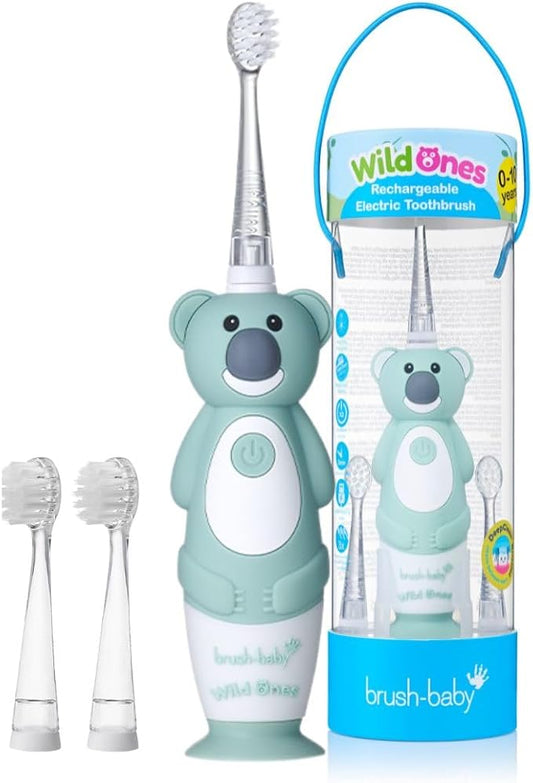 brush-baby WildOnes™ Rechargeable Kids Electric Toothbrush – Koala | Flashing Lights, 2-Min Timer, Waterproof, 3 Brush Heads | Toddler & Child Toothbrush Ages 0-10 | Soft Bristles