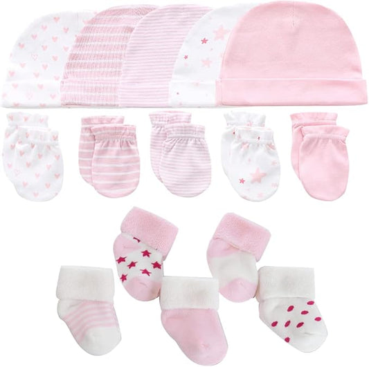 Newborn Baby Boy Girl Caps Mittens Socks Set Cotton Baby Essentials Accessories (Hats+Gloves+Socks)