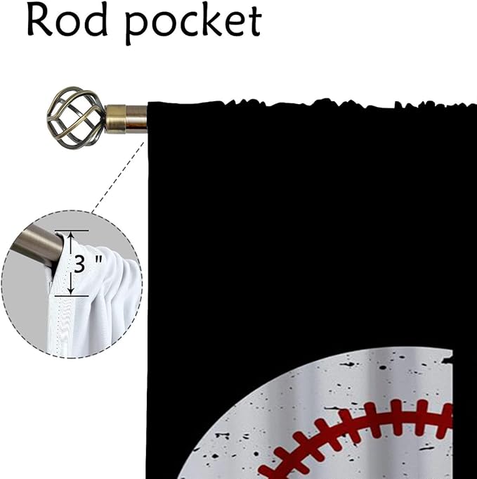 Baseball Blackout Curtains for Boy Girl Room Darkening Decor,Sport Theme Red and White Motto Dark Bedroom Living Room Home Rod Pocket Thermal Insulated Window Curtain/Drapes Panel,72x63 Inch…