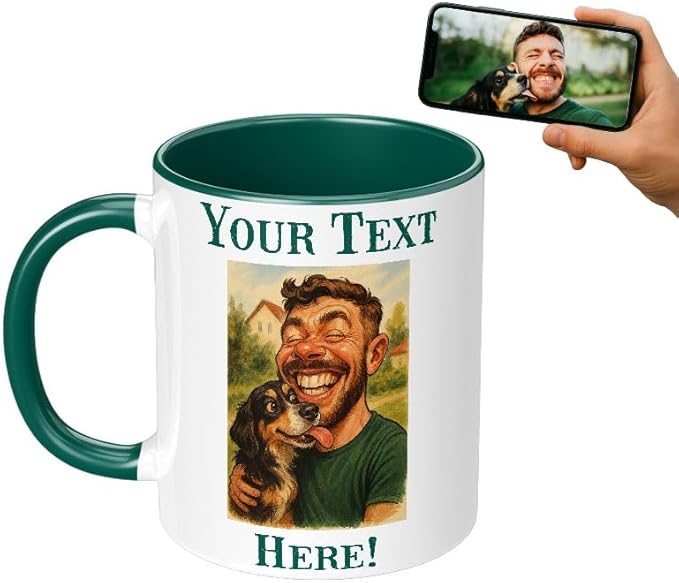 Personalized Coffee Mug, Custom Photo Caricature Gift, Funny Customized Coffee Gift for Men & Women, Custom Mugs with Pictures, Green 11oz Customized Fathers Day Mug