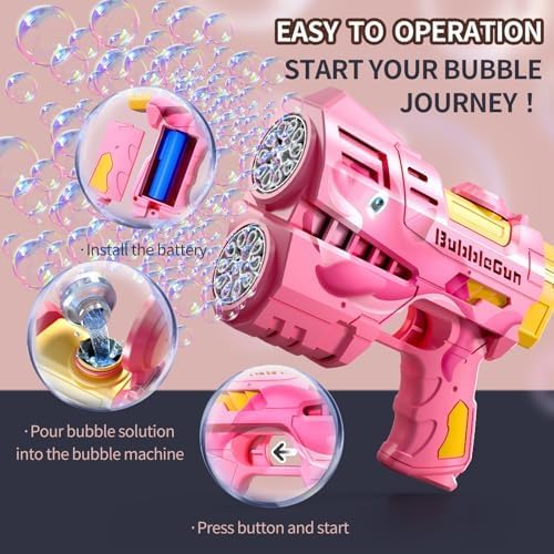 Rechargeable Pink Dolphin Bubble Guns for Kids, LED Light Up Bubble Machine Blower with 2 Bottles Bubble Refill Solution for Kids, Bubble Makers Blaster for Toddlers, Summer Wedding Toys Gift