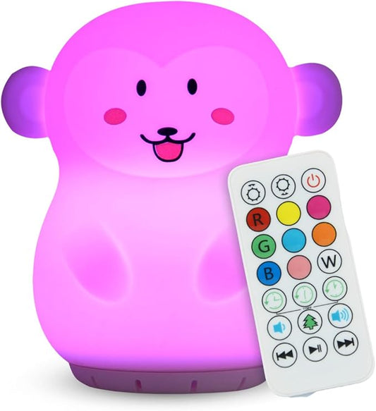 Combined Bluetooth Speaker & Nightlight With 9 Color Emissions, Child Friendly Silicone & BPA Free, USB Recharging, Receives Audio From Computer, Phone Or Tablet, and includes Remote Control (Monkey)