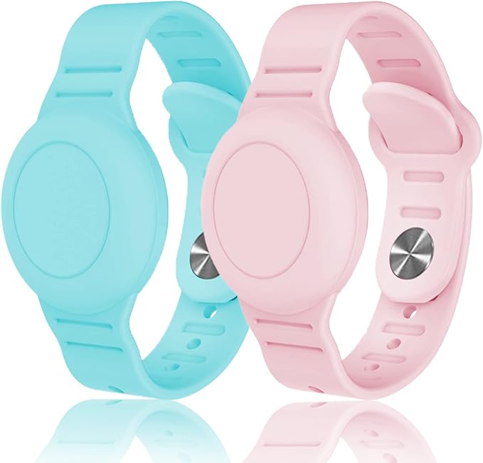 Kids Waterproof Airtag Bracelet Compatible with Apple AirTag, Hidden Silicon Protective Case for Air Tag GPS Tracker Holder, Adjustable Anti-Lost Watch Band for Toddler Child (Cyan & Pink)