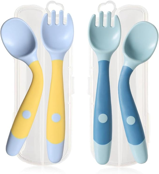 Baby Utensils Spoons and Forks Set Bendable Self-Feeding Silverware for Toddler Children with Travel Case Gum Friendly Food Grade (Yellow+Green, 2 Set)