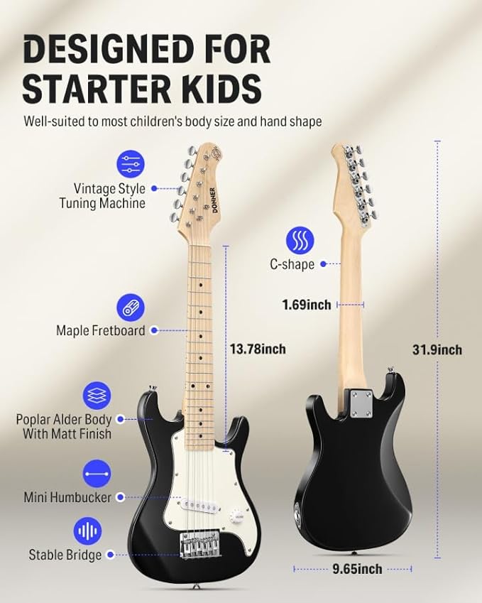 Donner 30 Inch Kids Electric Guitar Beginner Kits ST Style Mini Electric Guitar for Boys Girls with Amp, 600D Bag, Tuner, Picks, Cable, Strap, Extra Strings, DSJ-100, Black
