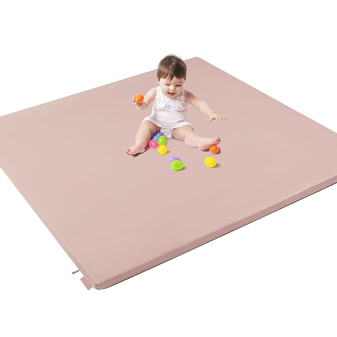 Padded Baby Play Mat, Super Soft Vegan Leather Floor Mat for Baby Girls and Boys, 48x48 Non-Slip Thick Foam Cushioned Play Mat for Babies 6-12 Months, Fits Nicely Into 50x50 Playpen Mat, Pink