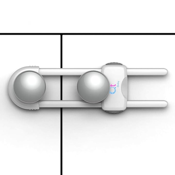 Baby Proofing Cabinet Locks | Adjustable U Shaped Baby Safety Latches for Drawers, Fridge, Closet |Modern Baby Proofing Cabinet Lock with Extra Secure Lock Buttons (Pack of 4, White)