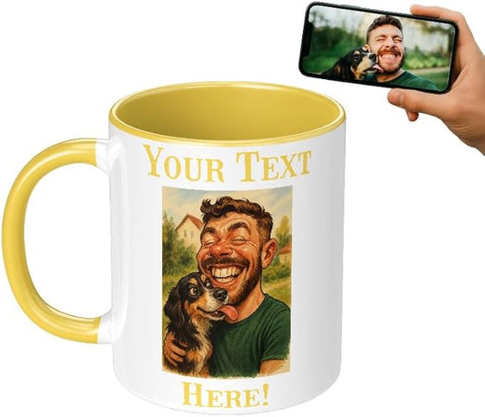 Personalized Coffee Mug, Custom Photo Caricature Gift, Funny Customized Coffee Gift for Men & Women, Custom Mugs with Pictures, Yellow 11oz Customized Ceramic Tea Cup