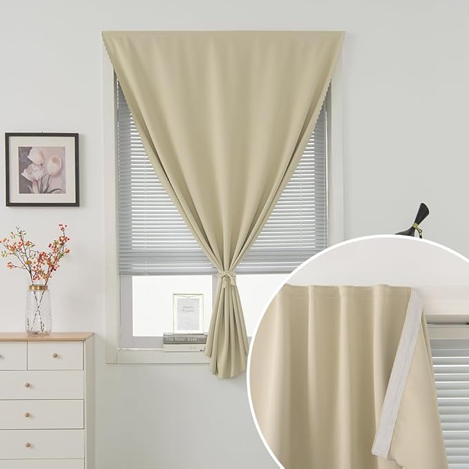Self Adhesive Portable Blackout Curtains for Bedroom Easy to Install Window Thermal Lnsulated Kitchen Room Darkening Small Window Curtains, Cortinas Para Cuarto, 59"W X 59"L, Beige, 1 Panel
