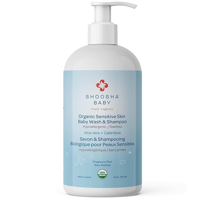 SHOOSHA Organic Sensitive Skin Baby Body Wash and Shampoo, 8.5oz, Hypoallergenic , Tear Free Safe for Kids and Pets