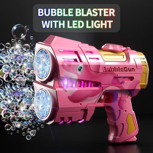 Rechargeable Pink Dolphin Bubble Guns for Kids, LED Light Up Bubble Machine Blower with 2 Bottles Bubble Refill Solution for Kids, Bubble Makers Blaster for Toddlers, Summer Wedding Toys Gift