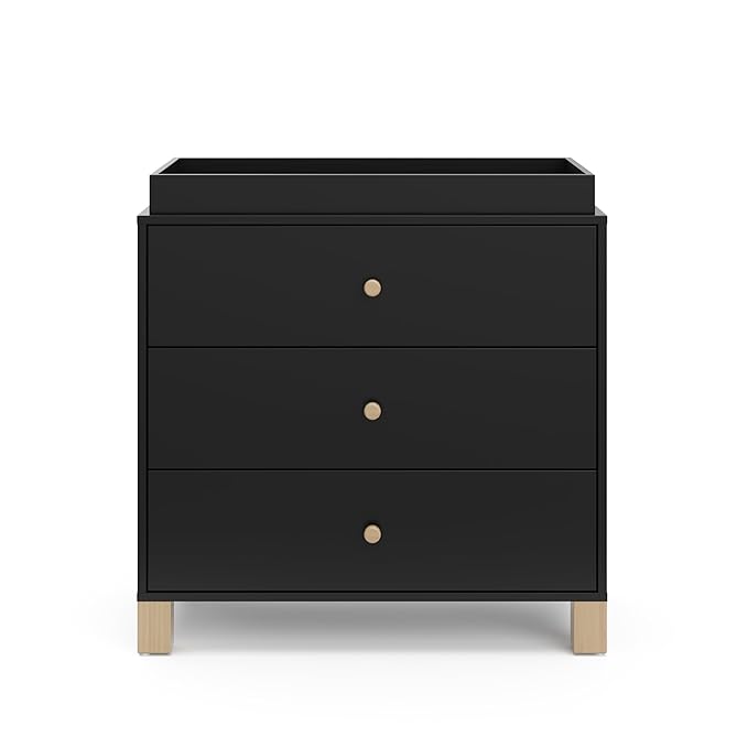 Storkcraft California 3-Drawer Chest with Removable Changing Topper (Black with Driftwood) – GREENGUARD Gold Certified, Interlocking Drawer System, Pre-Installed Tracks, Easy Assembly