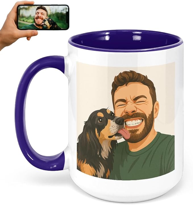 Personalized Coffee Mug, Custom Drawing Portrait Gift, Funny Customized Coffee Gift for Men & Women, Custom Mugs with Pictures, Navy 15oz Father's Day Mug
