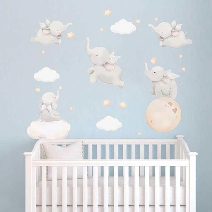 Runtoo Elephant Wall Decal Kids Animals Art Wall Stickers Baby Nursery Bedroom Space Wall Décor