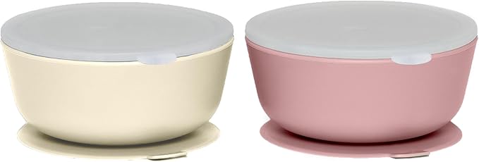 WeeSprout Suction Bowls for Baby & Toddlers (Set of 2) - 100% Silicone w/Plastic Lid - Leak Proof Feeding Supplies - Dishwasher & Microwave Safe Infant Dinnerware w/Extra Strong Base