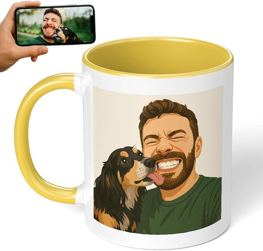 Personalized Coffee Mug, Custom Drawing Portrait Gift, Funny Customized Coffee Gift for Men & Women, Custom Mugs with Pictures, Yellow 11oz Customized Ceramic Tea Cup