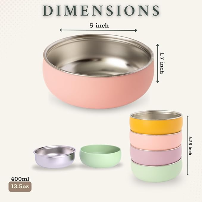 Monkey Proof™ Non-Toxic Stainless Steel Child Bowl 5” with Non-Slip Silicone Shell, Multi-color, (Set of 4 bowls) Unbreakable, Mess Free Feeding for Babies, Toddlers, Kids, BPA free