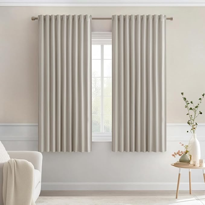 MIULEE Natural Back Tab Blackout Curtains 63 Inch Length 2 Panels Set for Living Room Bedroom Privacy, Rod Pocket/Pinch Pleat Thermal Insulated Room Darkening Pleated Light Blocking Drapes