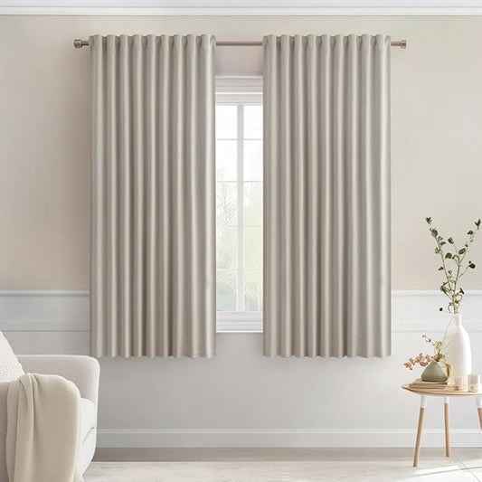 MIULEE Natural Back Tab Blackout Curtains 63 Inch Length 2 Panels Set for Living Room Bedroom Privacy, Rod Pocket/Pinch Pleat Thermal Insulated Room Darkening Pleated Light Blocking Drapes