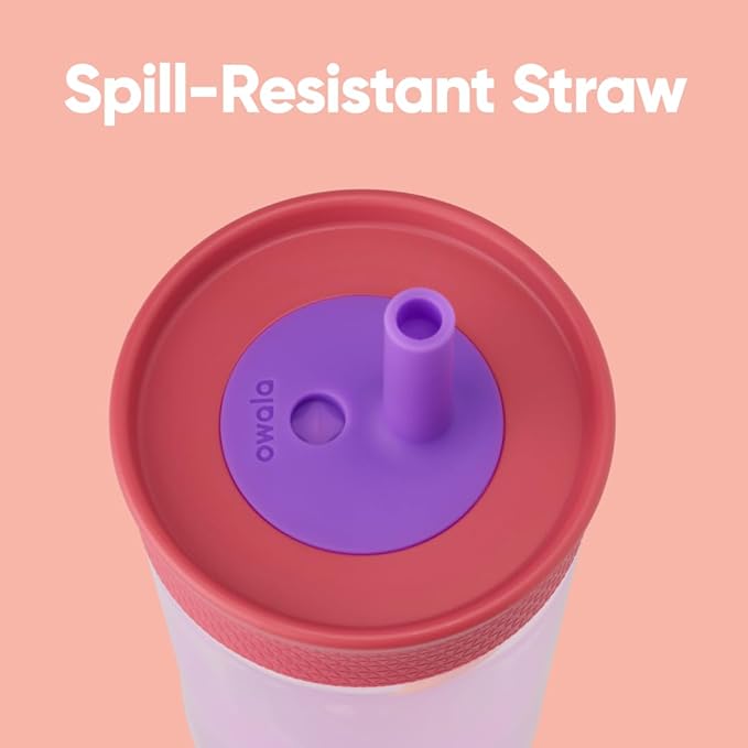 Owala Kids BPA-Free Plastic Tumbler with Spill Resistant Flexible Straw, Easy to Clean, Kids Water Bottle, Great for Travel, Dishwasher Safe, 15 Oz, Pink and Purple (Lilac Rocket)