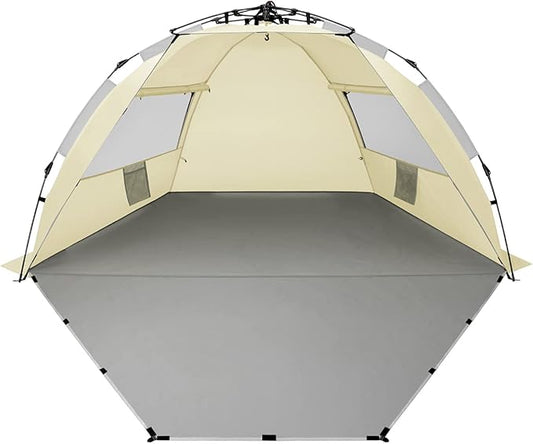 Oileus X-Large 4 Person Beach Tent Sun Shelter - Portable Sun Shade Instant Tent for Beach with Carrying Bag, Stakes, 6 Sand Pockets, Anti UV for Fishing Hiking Camping, Waterproof Windproof, Khaki