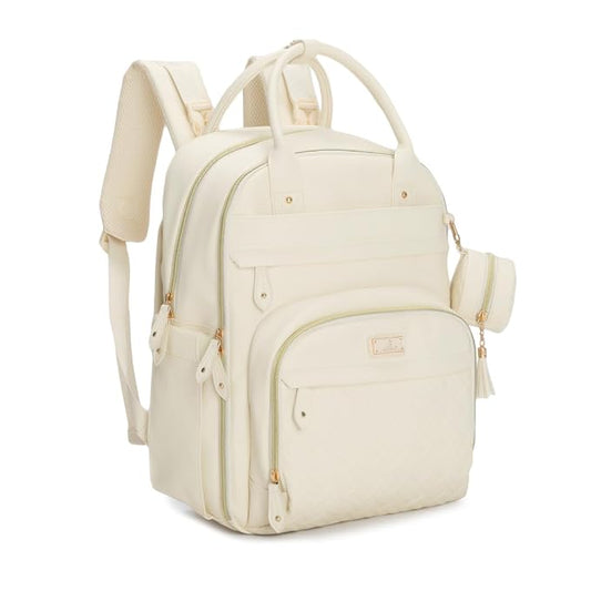 BabbleRoo Leather Diaper Bag Backpack - Baby Essentials Travel Baby Bag, Multi function, Waterproof, with Changing Pad, Stroller Straps & Pacifier Case – Unisex, Eggshell White