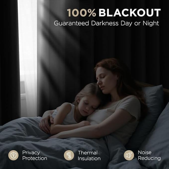 Joydeco 72 Inch Blackout Curtains for Bedroom, Black Out Curtains 72 Inch Long, Room Darkening Curtains & Drapes for Living Room Window Rod Pocket Back Tab (W52 x L72 Inch, Black)