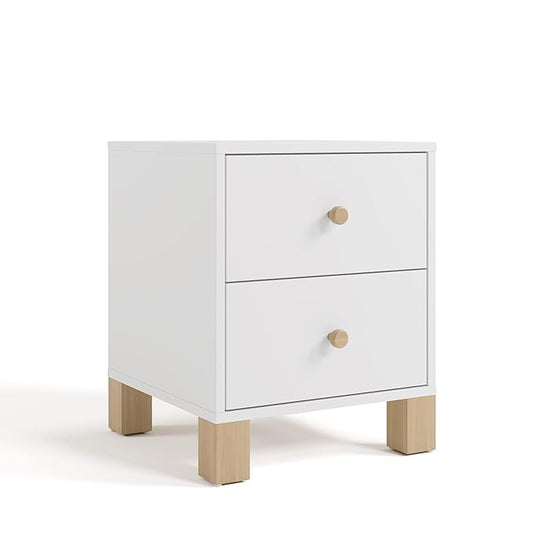 Storkcraft California 2 Drawer Nightstand (White with Driftwood) - GREENGUARD Gold Certified Nightstand for Kids Bedroom, Premium Wood Storage with Elegant, Iconic Block Feet