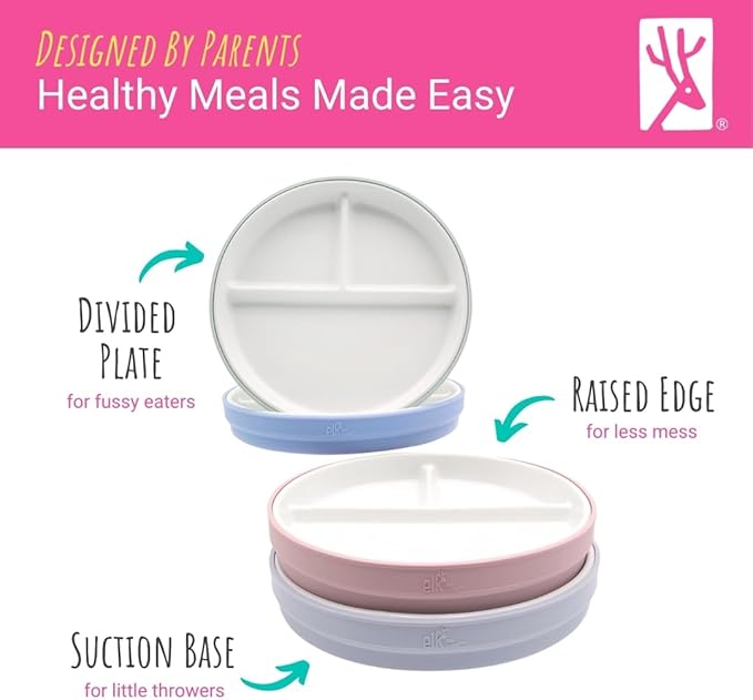 Elk and Friends Kids 7.8” Porcelain Divided Plates with Silicone Suction Sleeves | Suitable for Kids/Toddlers | Microwave & Dishwasher Safe | Non Slip | Snack Dishes | 2 Pack