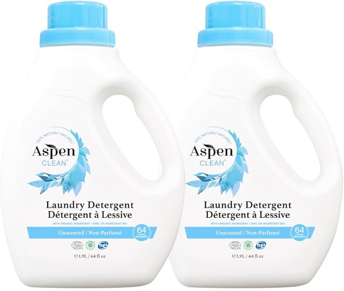 AspenClean Natural Laundry Detergent Unscented - 100% Natural, Organic, HE Liquid Laundry Detergent- Vegan, Non-Bio, Cruelty-Free, Biodegradable - Safe for Babies, Pets & Kids - EWG Certified (2 pack)