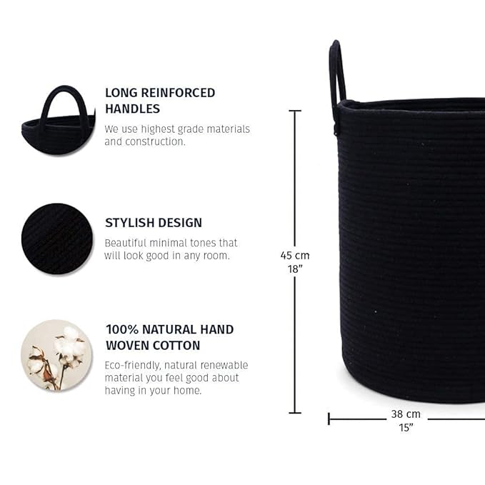 OrganiHaus Woven Laundry Basket - Large Round Black Rope Basket for Dirty Clothes, Blankets, Toys & Nursery Organizers - 38x45cm