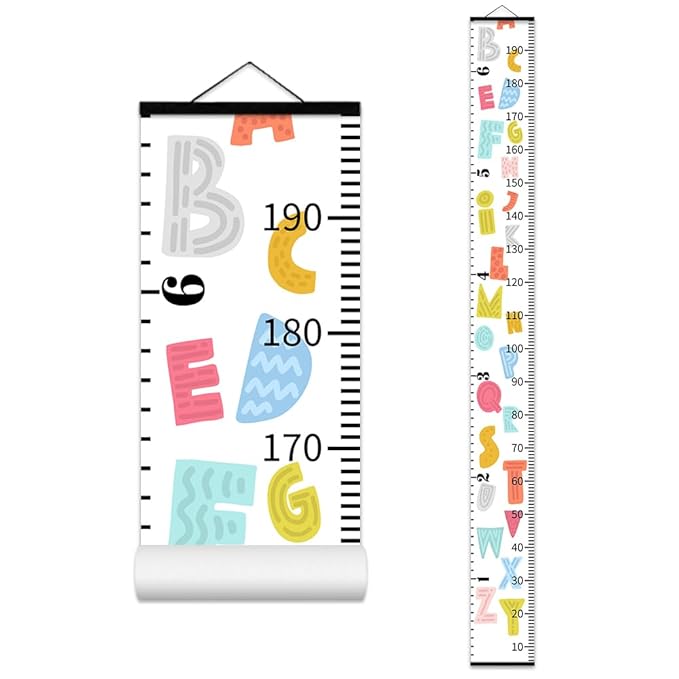 Colorful Alphabet Growth Chart for Kids Baby Height Chart Ruler Removable Canvas Wooden Frame Hanging Wall Rulers Measurement Charts for Toddler Room Nursery Decor - 79"X7.9" with Black Wood