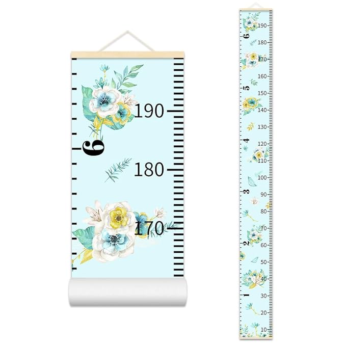 Flowers Plants Growth Chart for Kids Baby Height Chart Ruler Removable Canvas Wooden Frame Hanging Wall Rulers Measurement Charts for Floral Toddler Room Decor - 79"X7.9" with Beige Wood