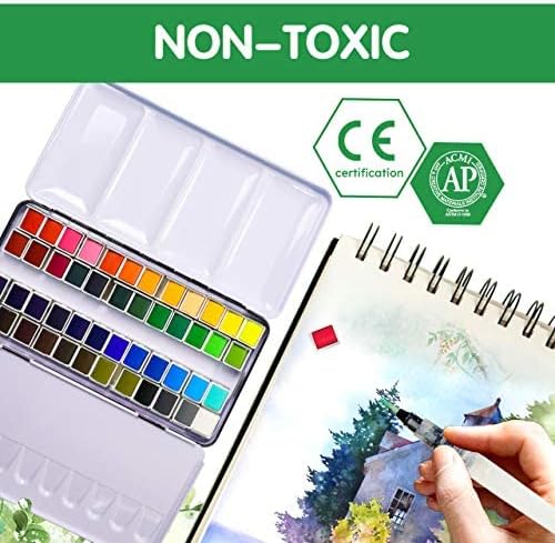 Watercolor Paint set, 48 Colors Premium Solid Watercolor Half Pans in Tin Box, 1 refillable Water Brush Pen, Art Pigment Kit Perfect for Artists Students Kids Beginners and Art Lovers