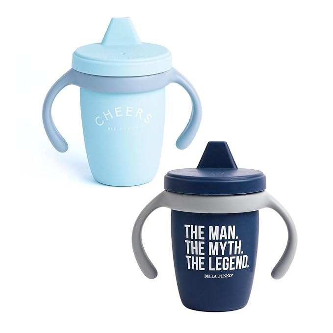 Bella Tunno Sippy Cup, Set of 2 Silicone Training Cups with Transition Handles for Infants, Toddlers & Kids, Babies 6-12 Months & Toddlers 1-3 Years, Boys & Girls, Cheers & The Man, 8 oz