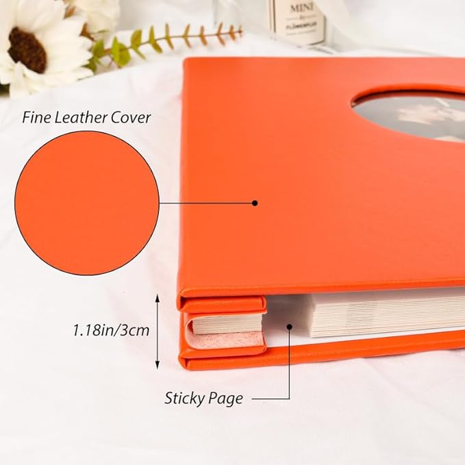 RECUTMS Photo Album Self Adhesive with Round Window 4x6 5x7 6x8 8x10 Magnetic Scrapbook with 40 Pages Leather Cover DIY Photo Album with Metallic Pen and Scraping Plate (Orange)