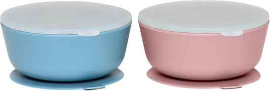 WeeSprout Suction Bowls for Baby & Toddlers (Set of 2) - 100% Silicone w/Plastic Lid - Leak Proof Feeding Supplies - Dishwasher & Microwave Safe Infant Dinnerware w/Extra Strong Base