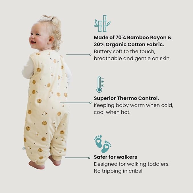 Tealbee Dreamsuit: Toddler Sleep Sack with Feet 12-18 Months, 18-24 Months - 1.5 TOG Winter Baby Wearable Blanket for Walkers - Rayon made from Bamboo, Organic Cotton Sleep Bag - Cookies
