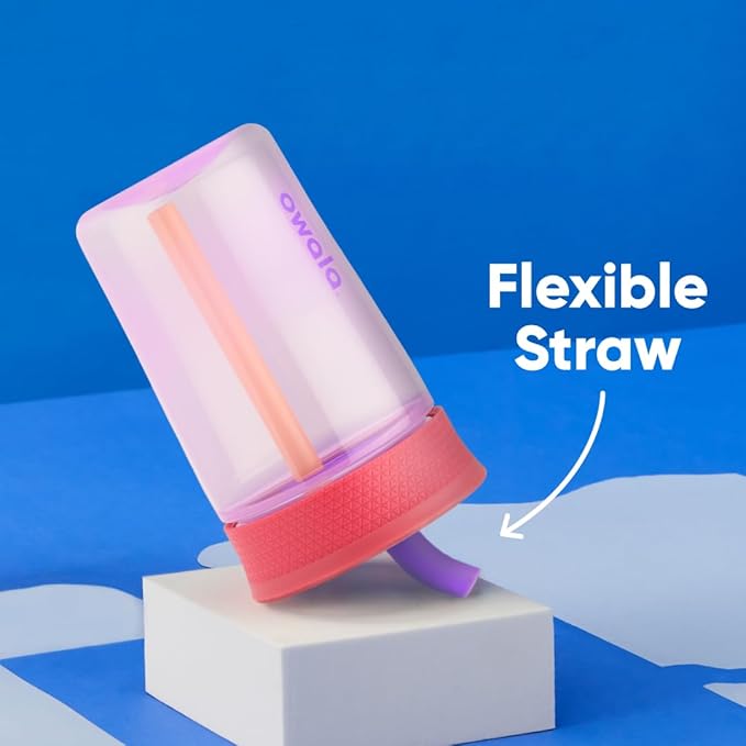 Owala Kids BPA-Free Plastic Tumbler with Spill Resistant Flexible Straw, Easy to Clean, Kids Water Bottle, Great for Travel, Dishwasher Safe, 15 Oz, Pink and Purple (Lilac Rocket)