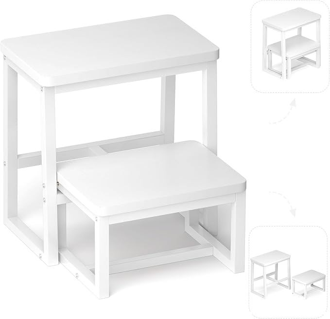 Step Stool for Adults & Kids,Holds up to 500Lb,3 in1 Heavy Duty Sturdy 2 tair Wooden StepStool for Kichen/Bathroom/High beds, Metal Frame, Non-Slip Pads