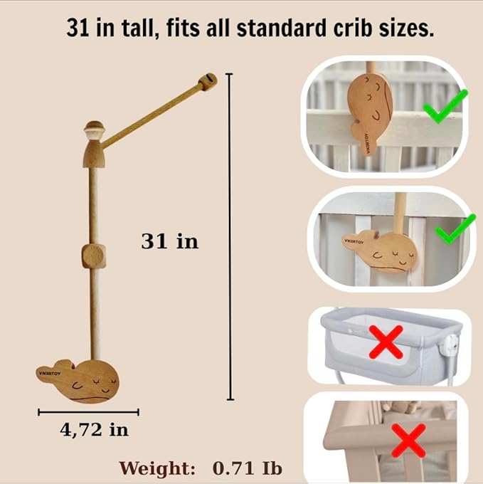 Wooden Baby Crib Mobile Arm, 31 Inch, Solid Beech Wood, 360° Rotatable, Whale Design, Adjustable, Anti-Slip, Mobile Hanger for Crib, Nursery Decor for Boys & Girls, Gift Accessories